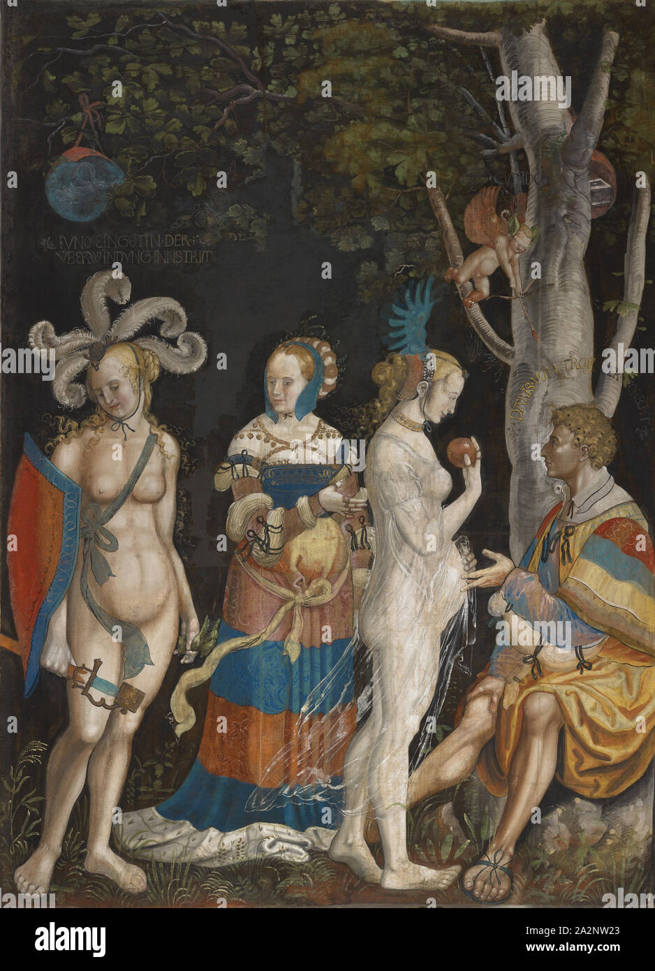 The Judgment of Paris, c. 1517/18, Unfrinded mixed media on canvas (small painting), 223 x 160 cm, unmarked., The figures are characterized by detailed inscriptions, above the left goddess: IVNO A GODDESS OF THE CONVENTION INN., STRITS, in the headdress of Venus: FENVS (twice), on the apple in her hand: EN THIS OP [= THIS OP (fel the most beautiful) EN], above seated Paris: PARIS • OF • TROY • THE • TORECHT (in gold and silver), above the winged boy: CVPIDO, Niklaus Manuel gen. Deutsch, Bern um 1484–1530 Bern Stock Photo