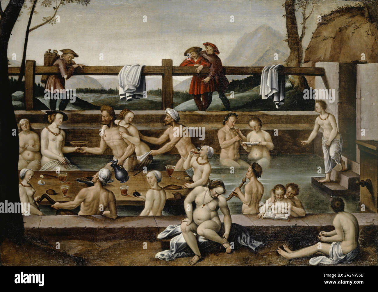 The Bath at Leuk (?), 1597, oil on canvas, 78.4 x 109.6 cm, inscribed lower left on the wall: hans bock • F • 1597, Hans Bock d. Ä., Zabern/Elsass um 1550/52–1624 Basel Stock Photo