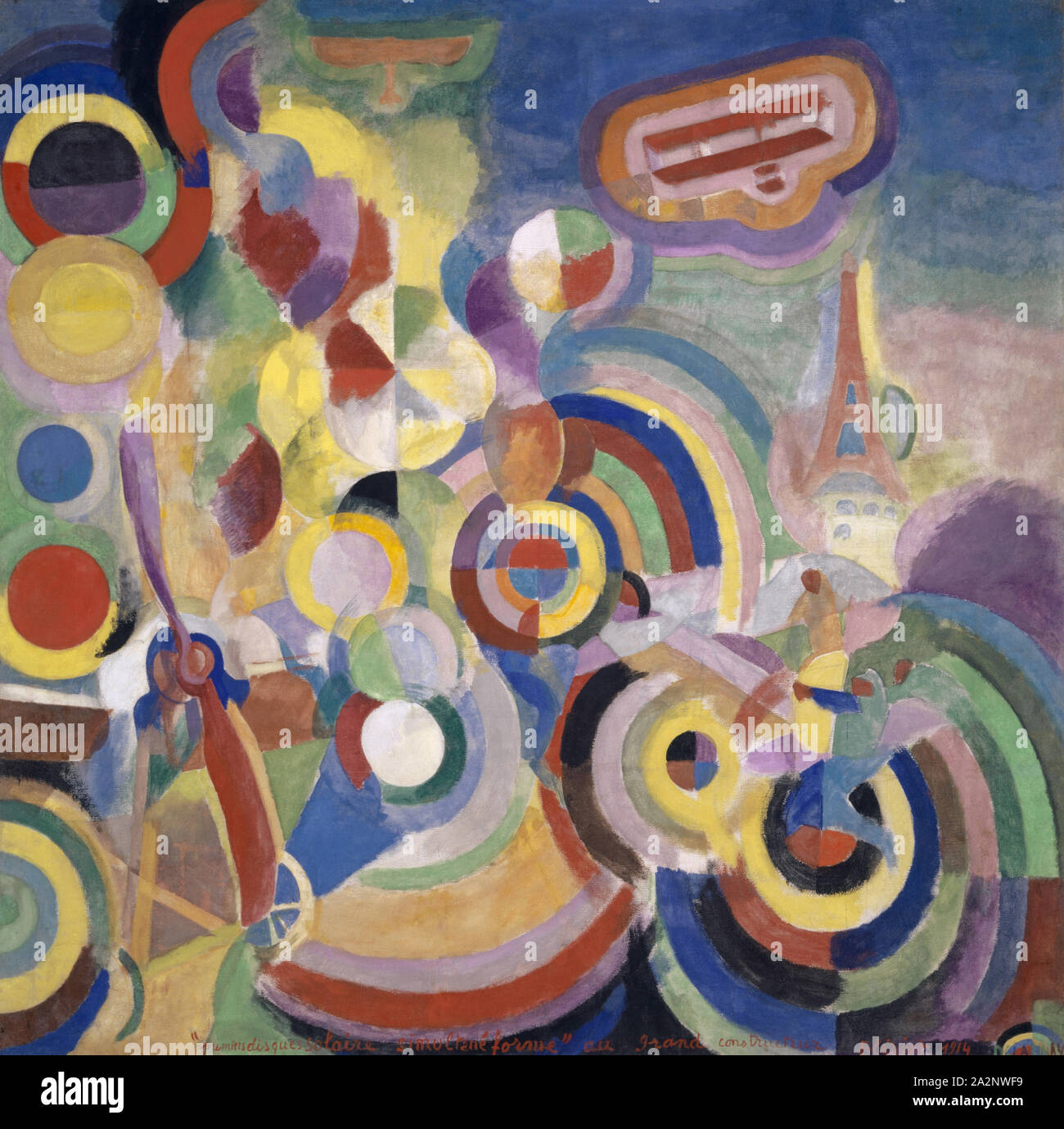 Hommage à Blériot, 1914, Glue tempera on canvas, 250 x 251 cm, Inscribed, dated and signed at the bottom of the picture: premiersdisques solaire simultané forme au grand constructeur Blériot 1914 DELAUNAY, Robert Delaunay, Paris 1885–1941 Montpellier Stock Photo