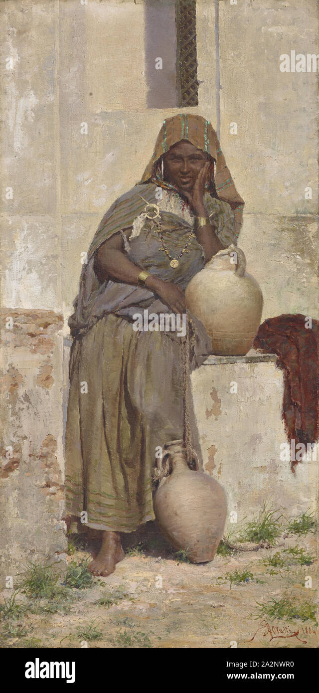 Arab woman at the fountain, 1884, oil on canvas, 41 x 20.5 cm, signed and dated lower right: EALovatti [ligated] 1884, E. Augusto Lovatti, Rom 1816 Stock Photo