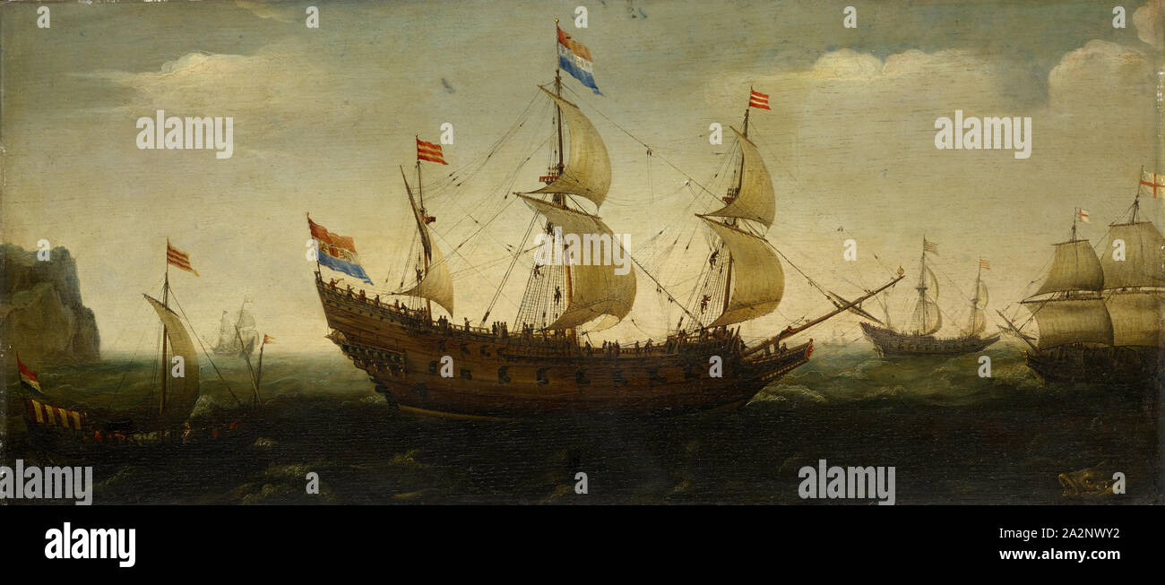 Dutch three-master and other ships off the coast, oil on panel, 42.5 x 95 cm, signed in the white stripe of the Dutch flag in the middle: VROOM 74 [last digit?], Hendrik Cornelisz. Vroom, Haarlem 1563–1640 Haarlem Stock Photo