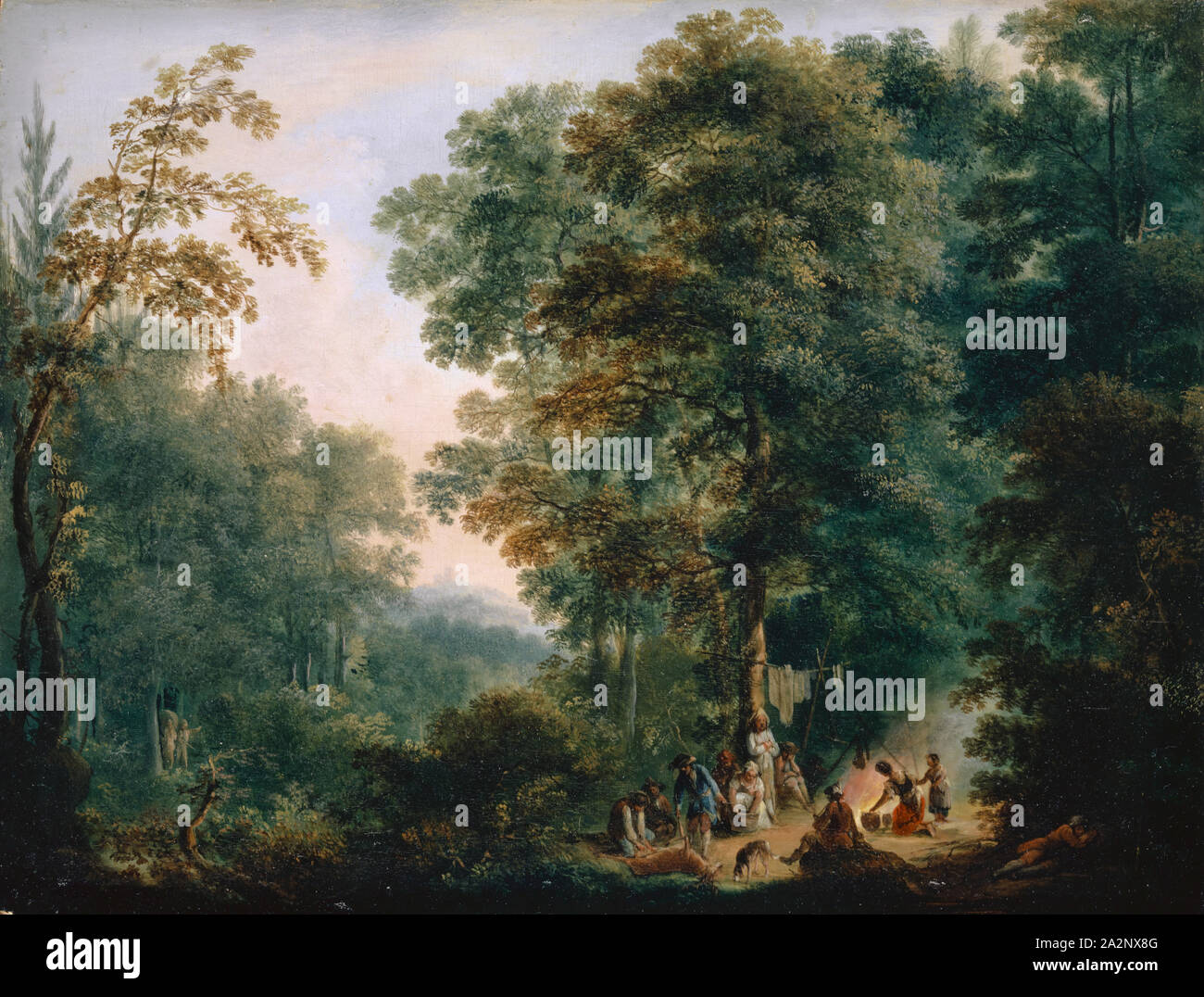 Forest landscape with hunters, oil on fir wood, 23.5 x 31 cm, unsigned, Johann Andreas Herrlein, Münnerstadt 1723–1796 Fulda Stock Photo
