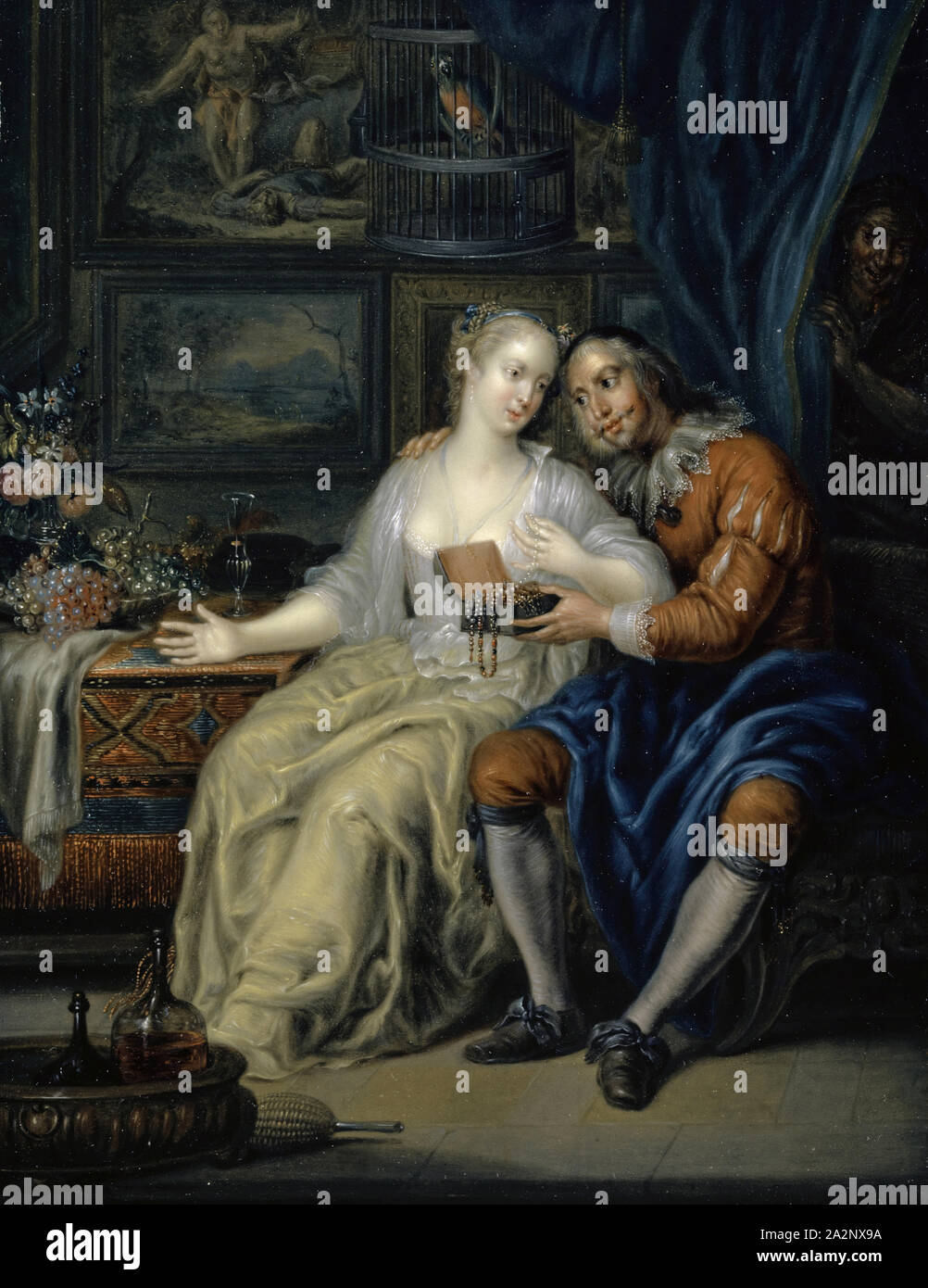 Loving couple with a maid, oil on copper, 28 x 21.5 cm, unsigned, Johann Georg Platzer, St. Michael in Eppan 1704–1761 St. Michael in Eppan Stock Photo