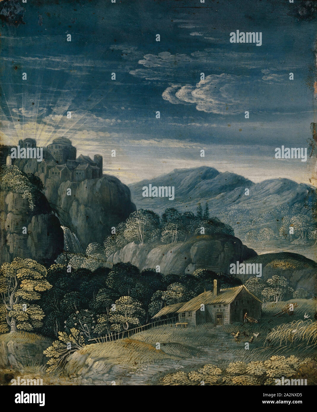 Landscape at sunrise, oil on copper, 18 x 14.6 cm, unsigned, Matthäus Merian d. Ä., (?), Basel 1593–1650 Bad Schwalbach Stock Photo