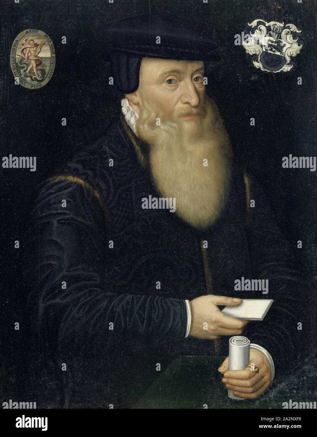 Portrait of Johannes Oporinus, c. 1580-1587, oil on panel, 65.5 x 52.5 cm, unsigned., Labeled top left: ANNO DOMINI 1567 MENSE SEPTEMBRI, ÆTATIS SUÆ PROPE .60 ., in between the printer's signature (medallion with Arion with fiddle, which travels on a dolphin, sea serpent across the sea) with the inscription: ARION., FATA VIAM INVENIVNT., INVIA VIRTVTI NVLLA EST VIA, Hans Bock d. Ä., (?), Zabern/Elsass um 1550/52–1624 Basel Stock Photo