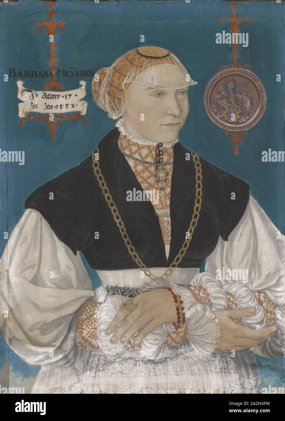 Portrait of Barbara Meyer zum Pfeil, the wife of Hans Rispach, 1552, tempera on paper, mounted on canvas, 51 x 38 cm, signed in medallion with the coat of arms: iHK [ligated], dated on the tapes: Ir Alltter • 17 • In the Jor • 1552 •, above in black: BARBARA MEYEREN, Hans Hug Kluber, Basel 1535/36–1578 Basel Stock Photo