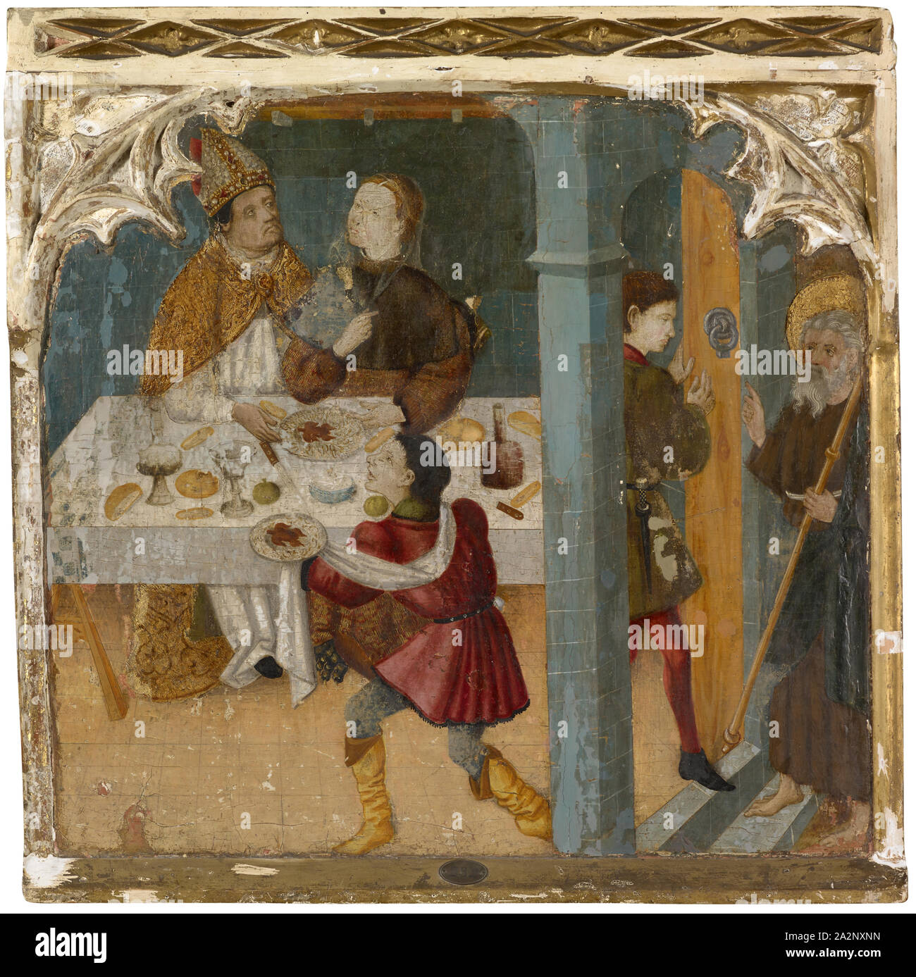 The hl., Andreas saves a bishop tried by the devil, mid-15th century, mixed media on wood, 61 x 66 cm, not marked, Katalanisch, 15. Jh Stock Photo