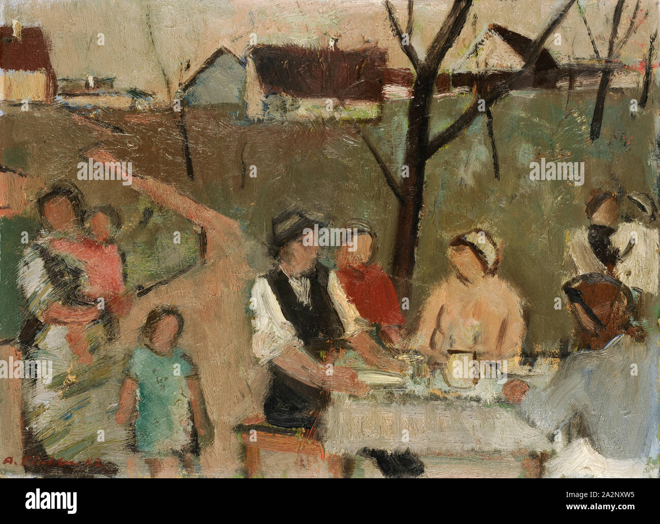 Family at the table in the open air, 1943, oil on board, 25.3 x 34.8 cm, Signed and dated lower left: A. Fiechter 43., Arnold Fiechter, Sissach/Baselland 1879–1943 Basel Stock Photo