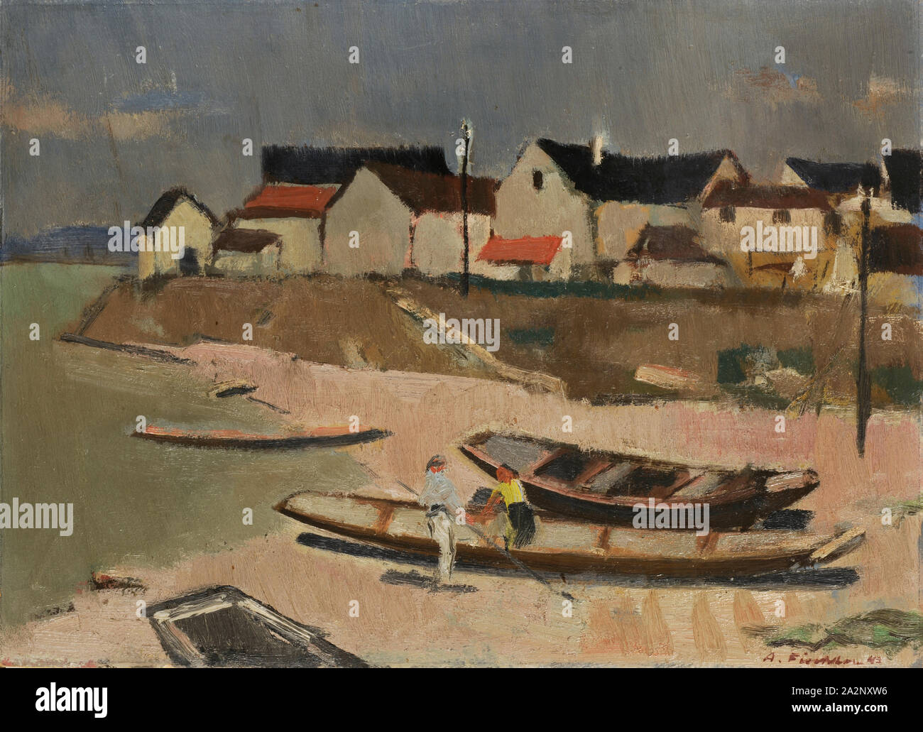 Fishing village in Baden, 1943, oil on board, 25 x 35 cm, signed and dated lower right: A. Fiechter 43, Arnold Fiechter, Sissach/Baselland 1879–1943 Basel Stock Photo
