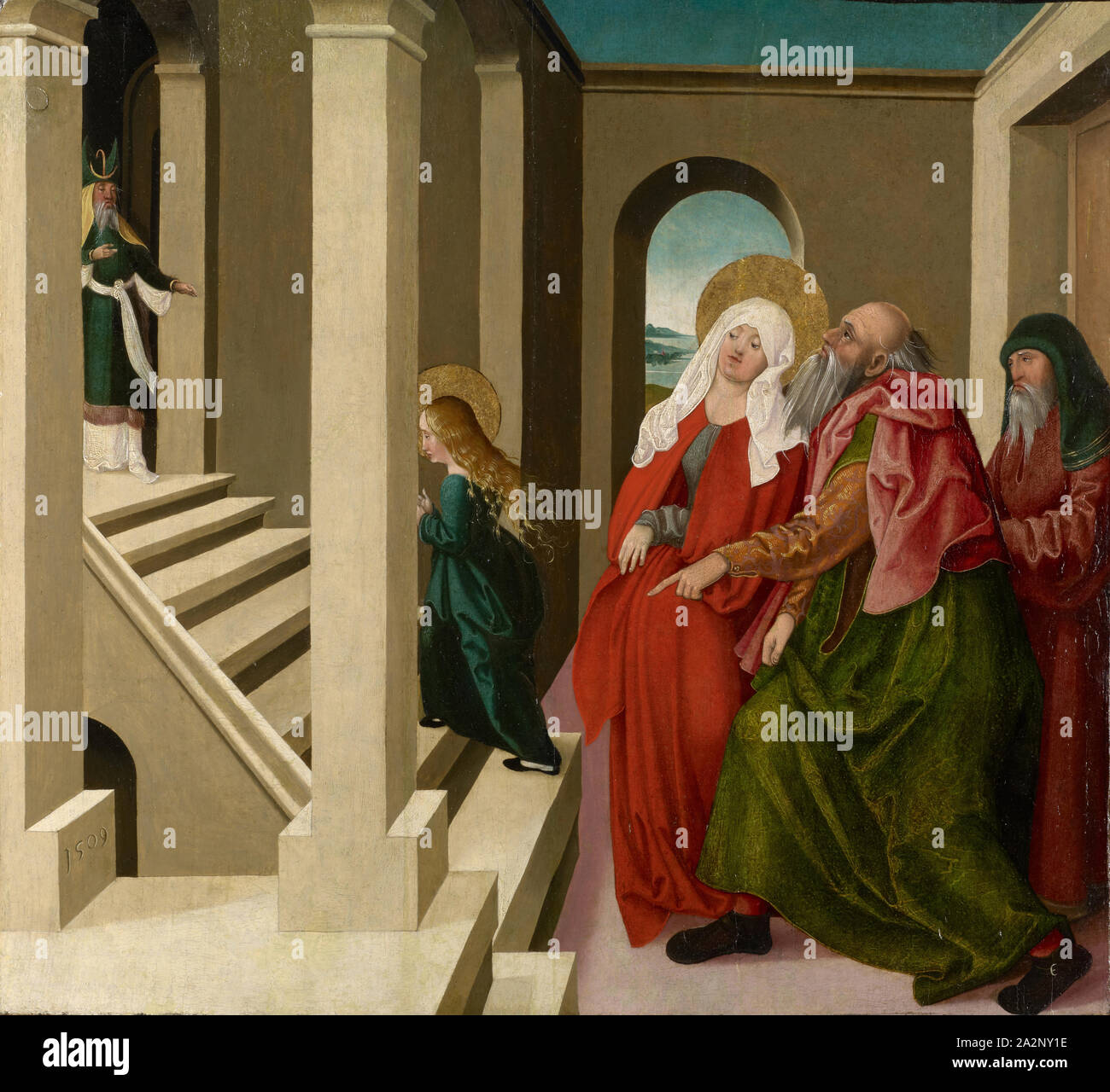 The temple passage of Mary, 1509, oil on spruce wood, 64.5 x 69.5 cm, unsigned, but dated on the pillar base left front: 1509, Bayerischer Meister, 16. Jh Stock Photo