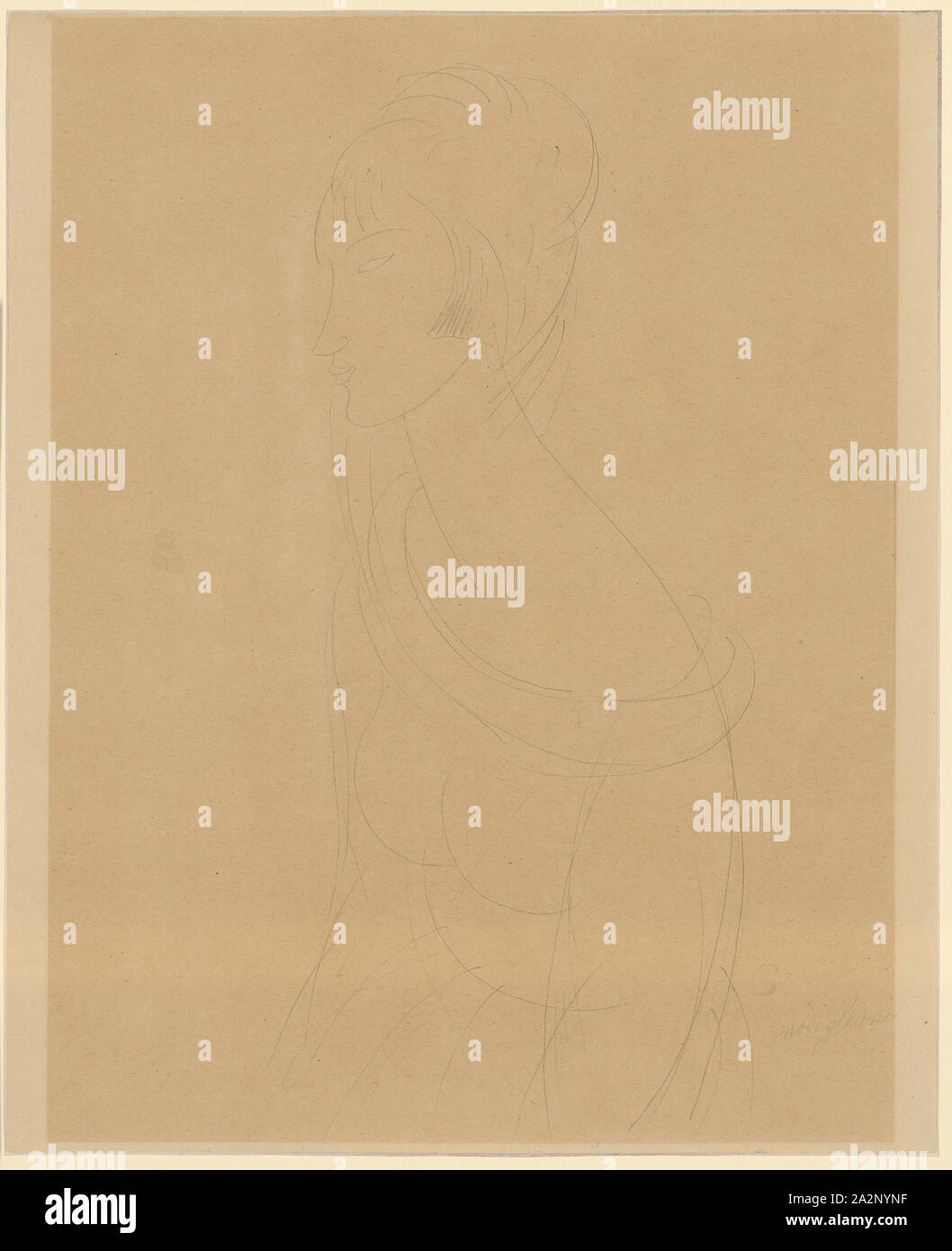 Jeanne Hébuterne in profile, (1919?), Pencil on thin, brown paper, sheet: 34.2 x 27.8 cm (width above 27.8 cm, width below 27.9 cm), U. r., signed in pencil: modigliani, Amedeo Modigliani, Livorno 1884–1920 Paris Stock Photo