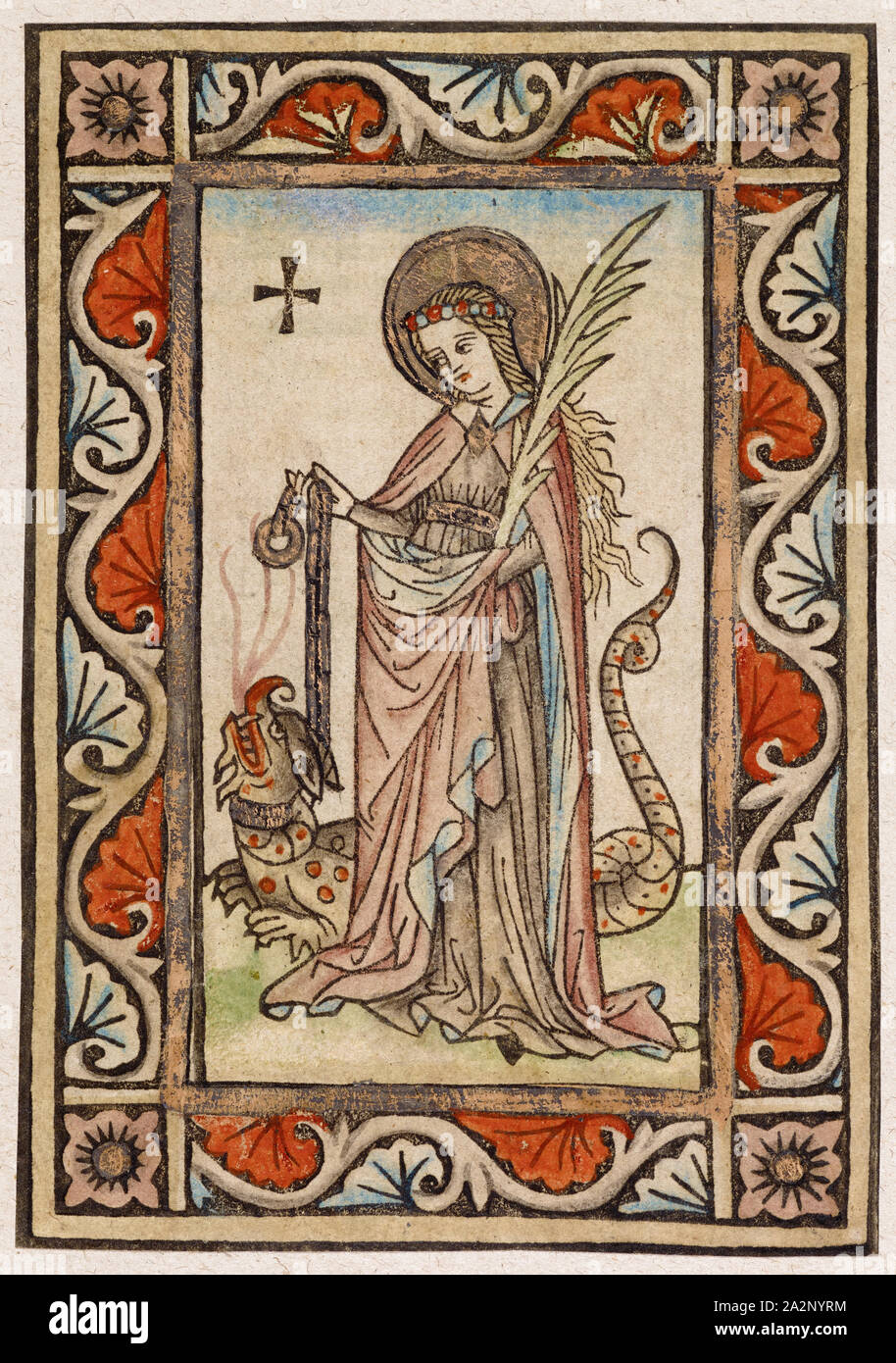 St. Margaret of Antioch, around 1440/50, woodcut, colored (unique), unique, 18.5 x 13.1 cm, Anonym, Oberrhein, 15. Jh Stock Photo