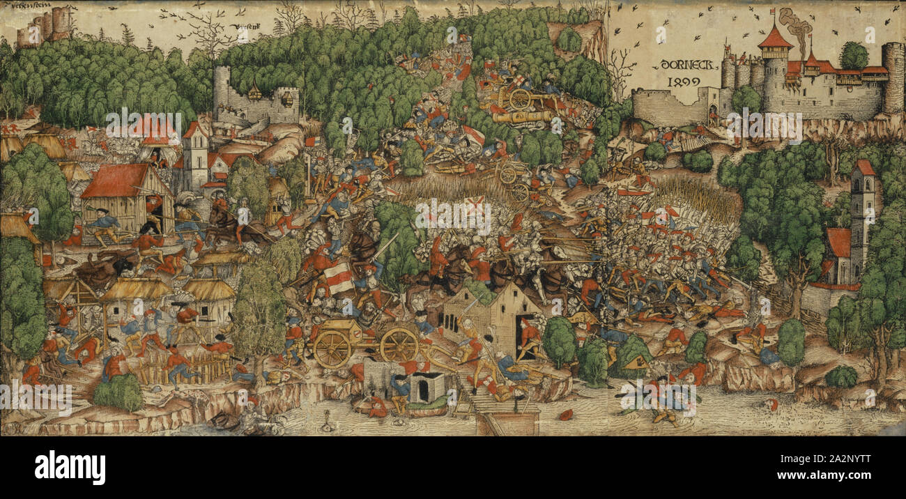 The Battle of Dorneck 1499, c. 1510, woodcut of three sticks, colored, leaf: appr. 40.9 x 85 cm, inscribed above the castles: DORNECK 1499, Bÿrseck [Birseck], Rÿchenstein [Reichenstein], u, ., M. monogrammed (mirrored) on a banner: DS, Meister DS (Daniel Schwegler?), (?), tätig 1503–1515 in Basel Stock Photo