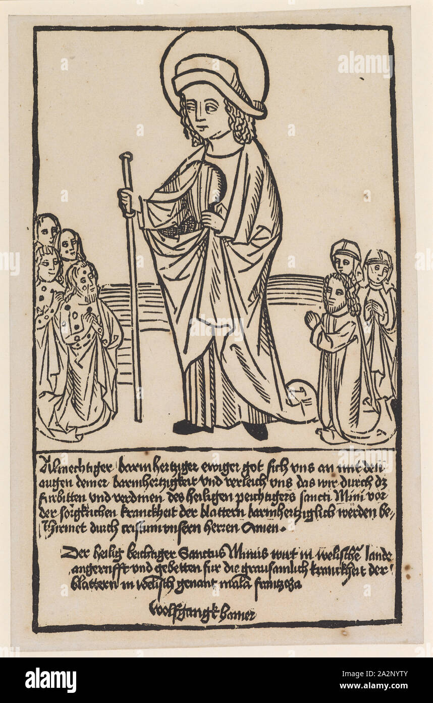 Saint Maginus of Tarragona (Minus), c. 1490, reprint of the eighteenth century, woodcut, sheet: 26.3 x 17.1 cm, inscribed under the picture: Almechtiger barmhertziger eternal got in touch with the eyes of your barmhertzigkeit and equaled us, we through the furs and miracles of the sacred peichtiger sanct mini before the caring sickness of the paw barmhertzlich would shield, shield by cristum our master amen., The sacredly placid Sanctus Minus wakes in the welsh land, called and bedded for the cruel sickness of the, blattern in welisch genant mala frantzosa., Wolfgangk Hamer, Anonym Stock Photo