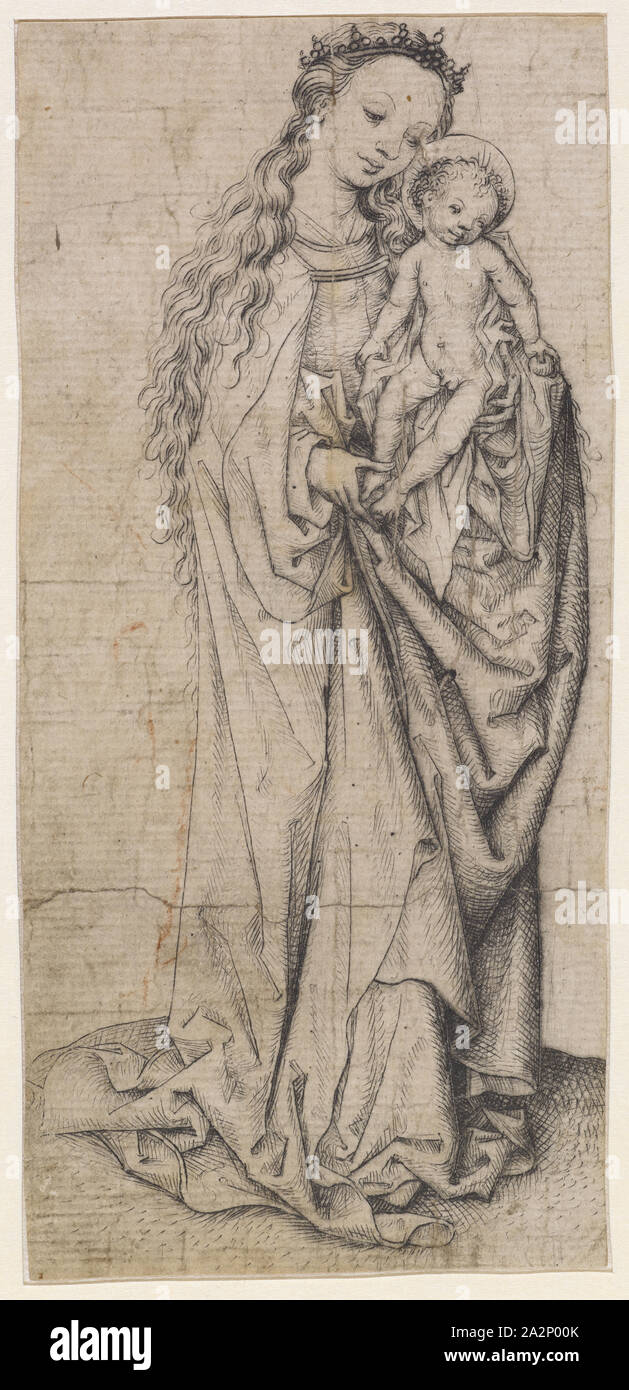 Standing Mary with the child, drypoint, sheet: 15.4 x 7.2 cm, Meister des Hausbuchs, tätig um 1460–1490 im mittelrheinischen Gebiet Stock Photo