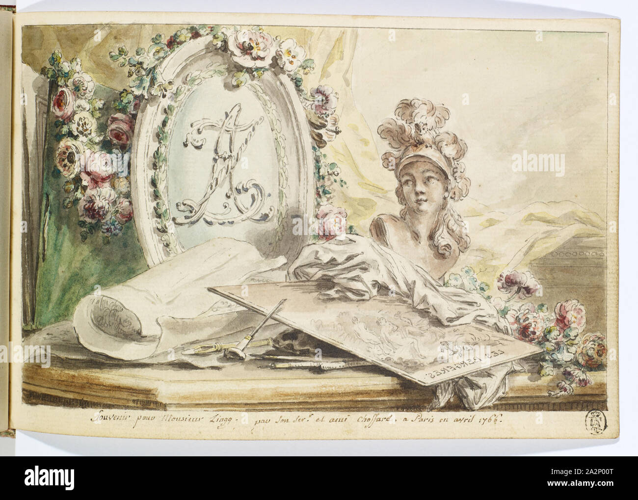 Entry in the genealogy of Adrian Zingg: flower-crowned monogram by Adrian Zingg, in front Minerva bust, worked copper plate and engraving tool, 1766, feather (gray), washed and watercolored, Book: 12.4 x 19.5 x 2.7 cm |, Sheet: 11.9 x 18 cm, Dedicated to feather (brown) below: Souvenir pour Monsieur Zingg., par son Serv.r et ami Choffard., a Paris in avril 1766, Pierre-Philippe Choffard, Paris 1730–1809 Paris Stock Photo