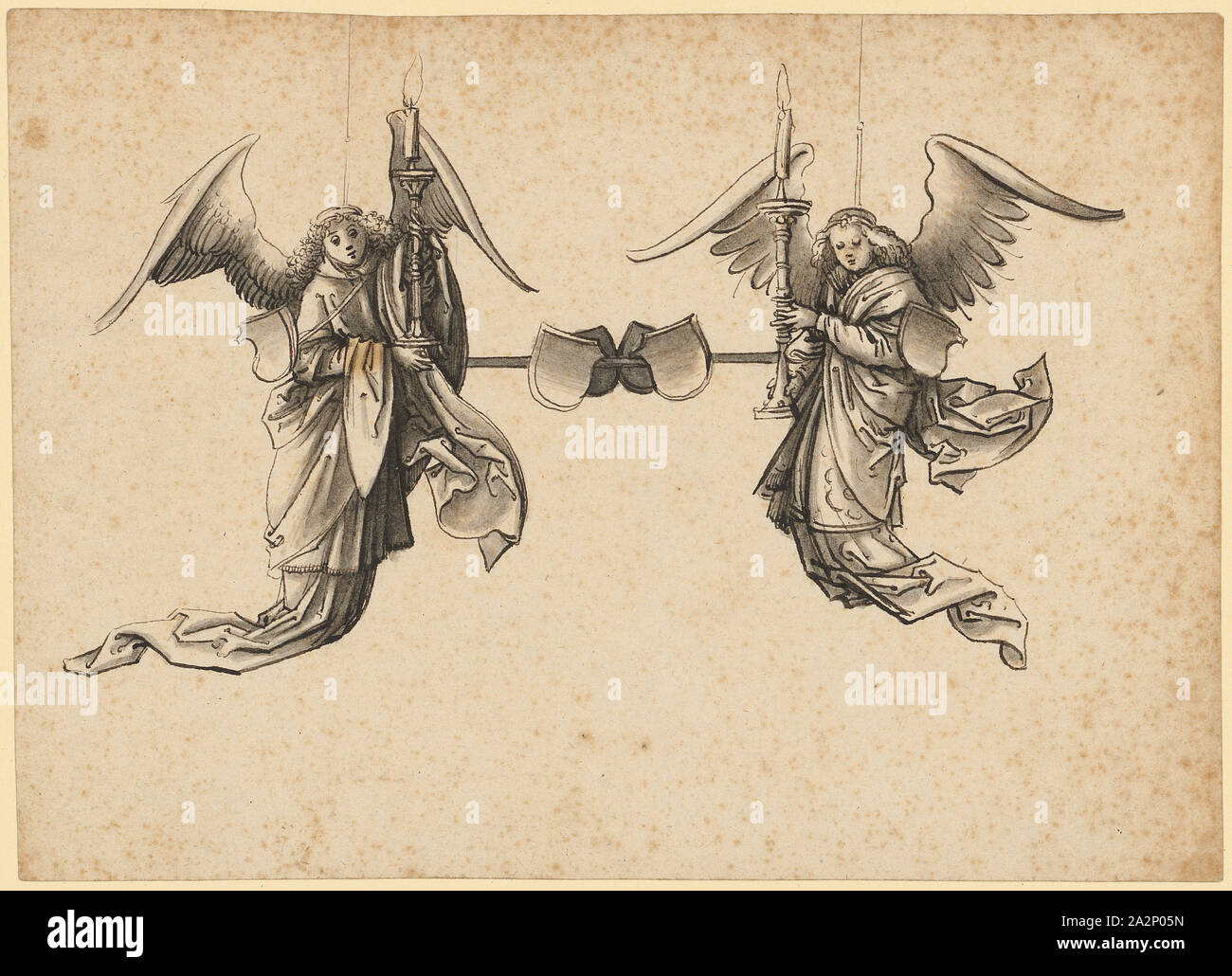 Candlestick design with two angels, feather in dark brown, gray-brown washed, page: 15.3 x 21.1 cm, unsigned, Hans Holbein d. Ä., Augsburg um 1460/65–1524 Stock Photo