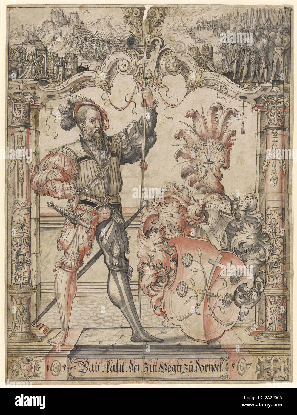 Disc tear with warrior as a shield companion and the coat of arms of Beat Cold Dorneck, Vogt of Solothurn, in the Oberbild siege of a castle (Dorneck?), 1557, feather in black, gray washed, in places with pink and olive green watercolors, old laminated, page: 44.2, x 33.4 cm |, Image: 43.4 x 32.8 cm, U. r., monogrammed on the pillar: LR [lig.], u, ., in the cartouche inscribed: Batt., Cold., the ., tremble., Vogtt., too., Dorneck, ., l, ., and r., dated: 15 57, Ludwig Ringler, Basel 1536–1606 Basel Stock Photo