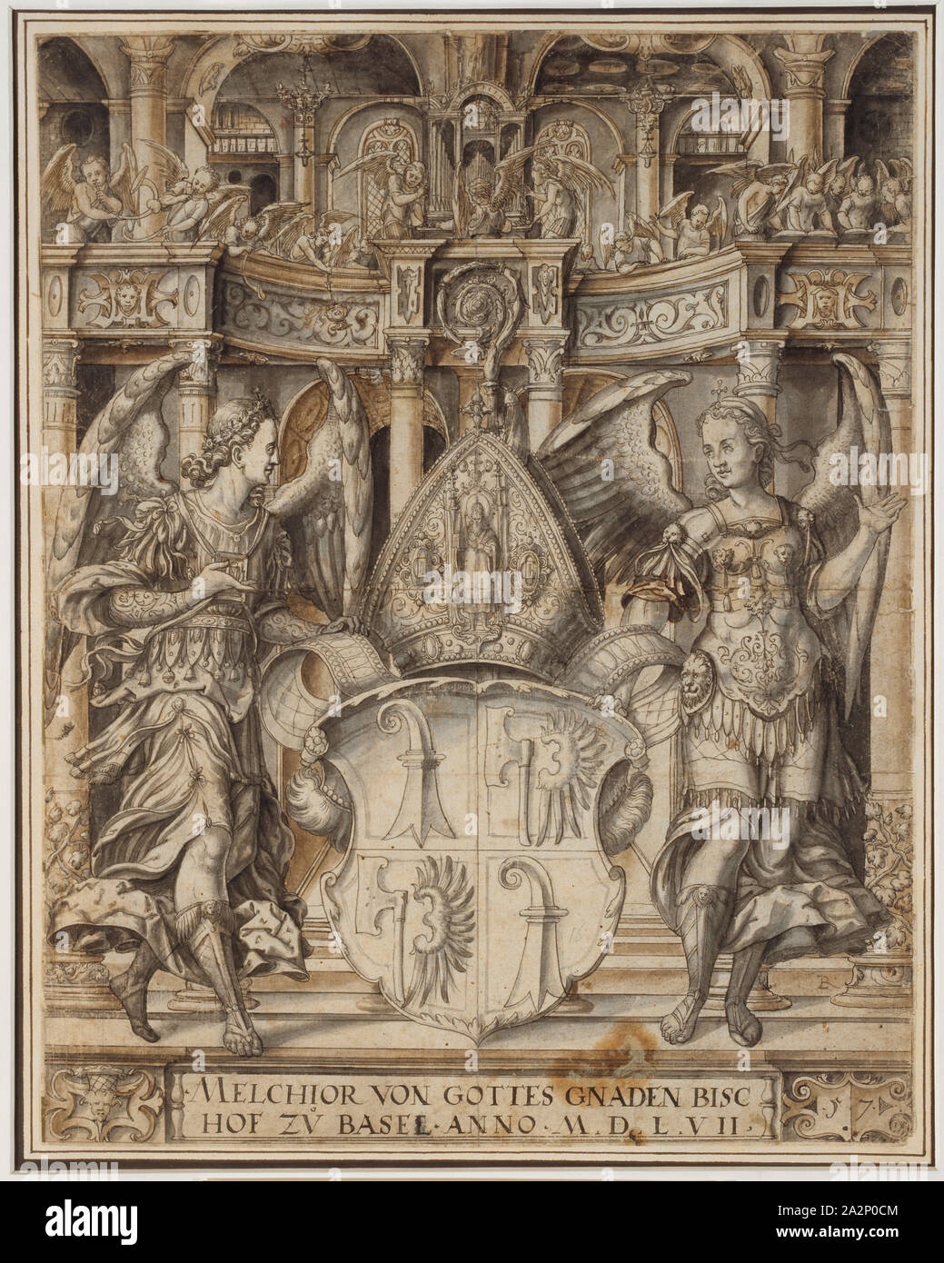 Disc rupture with two angels as shield attendants and the coat of arms of the Melchior von Lichtenfels, Prince-Bishop of Basel, above Angel Concerto, 1557, feather in gray-black, gray and brown washed, old mounted, sheet: 43.2 x 34 cm, U. inscribed and dated in the cartouche, : MELCHIOR OF GOD'S MERCY BISC, COURT ZV BASEL., ANNO., M.D.L.VII, u, ., r., monogrammed in the base: LR [lig.], underneath in cartouche: 57, Ludwig Ringler, Basel 1536–1606 Basel Stock Photo