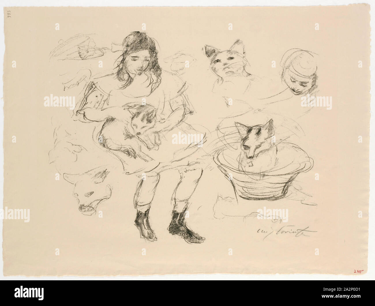 Girl with cats, lithograph (watermark: lion), leaf: 38 x 51.6 cm (largest mass), R. under the illustration signed in pencil: Lovis Corinth, Lovis Corinth, Tapiau/Ostpreussen (heute Gwardjesk, Russland) 1858–1925 Zandvoort Stock Photo