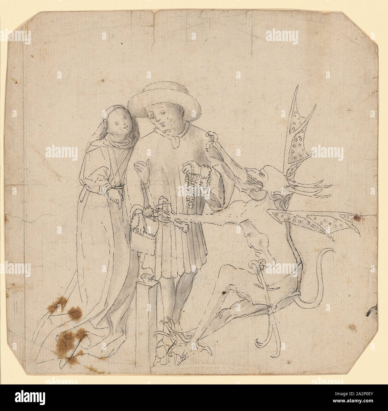 Dispenser at the sacrificial floor, standing between angel and devil (after Konrad Witz?), C. 1440/50, pen in black, gray wash, traces of chalk drawing (?), Sheet: 21.4 x 21.9 cm, unsigned, Anonym, Schweiz (Basel?), um 1440/50 Stock Photo