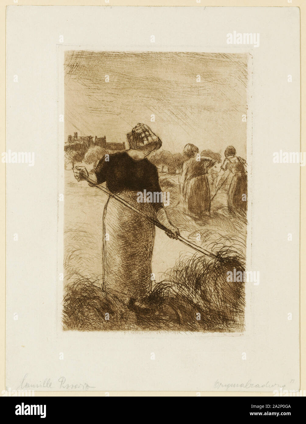 Les Faneuses, (1890), etching, print in brown, 12th condition (from 12), 100 Ex., Sheet: 26.5 x 20.1 cm |, Plate: 19.9 x 13.4 cm, Camille Pissarro, Charlotte Amalie, St.Thomas/Danish Virgin Island 1830–1903 Paris Stock Photo