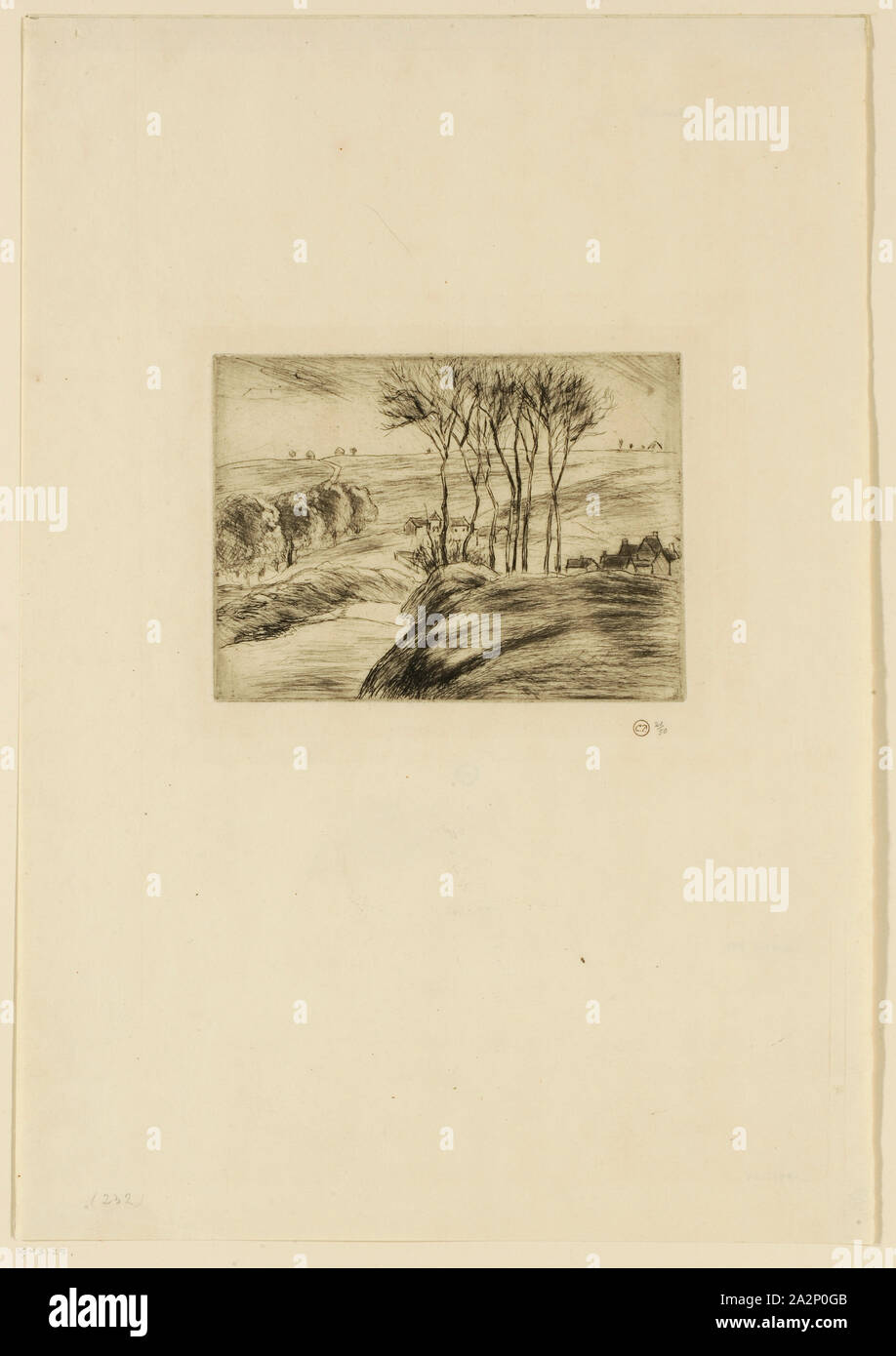 Paysage à Osny, (1887), etching and drypoint, reworked with polished steel, Deduction from 1920, 2nd condition (from 2), 50 ex. (10 on Japanese paper, 40 on Hollande), sheet: 40.4 x 28.2 cm |, Plate: 15.6 x 11.5 cm, R. under the stamp with monogram (Lugt 613f): CP, next numbered in pencil and limited: 21/50, Camille Pissarro, Charlotte Amalie, St.Thomas/Danish Virgin Island 1830–1903 Paris Stock Photo