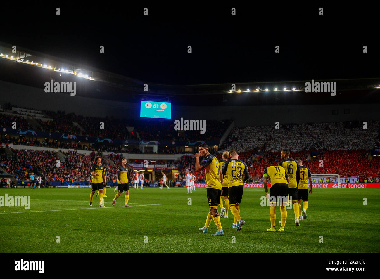 Borussia Dortmund players celebrate during the UEFA Champions League (Group F) match between Slavia Prague and Borussia Dortmund in Prague.(Final score; Slavia Prague 0:2 Borussia Dortmund) Stock Photo