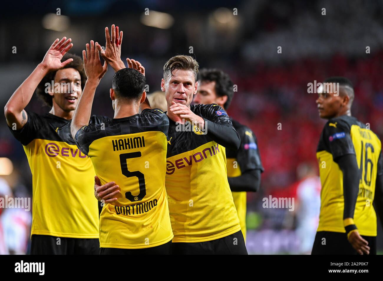 Borussia Dortmund players celebrate during the UEFA Champions League (Group F) match between Slavia Prague and Borussia Dortmund in Prague.(Final score; Slavia Prague 0:2 Borussia Dortmund) Stock Photo