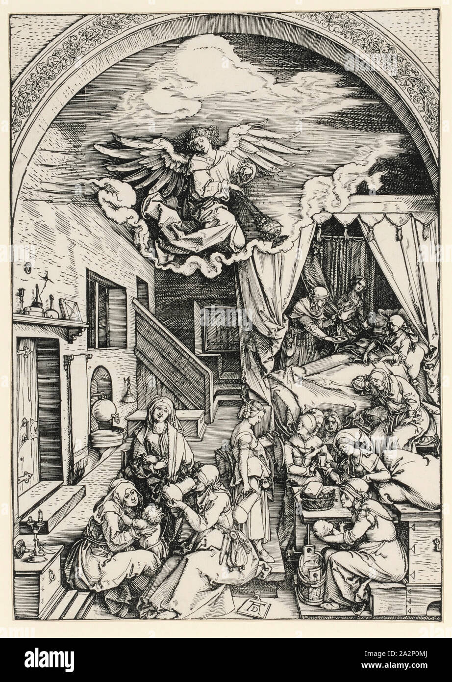 The Birth of Mary, c. 1503, woodcut, in front of the text b, page: 29.8 x 20.9 cm, U. M. monogrammed on the writing tablet: AD, Albrecht Dürer, Nürnberg 1471–1528 Nürnberg Stock Photo