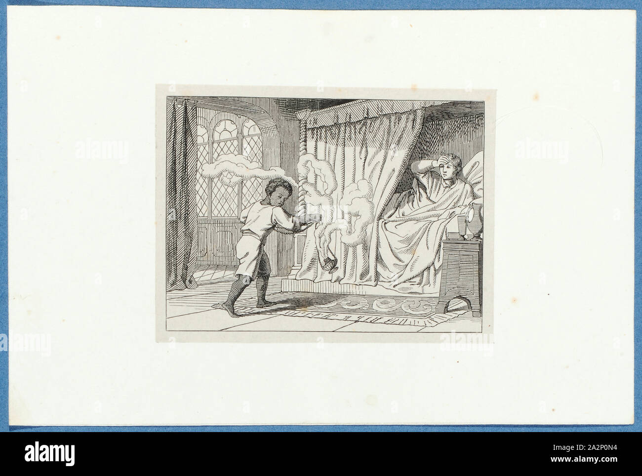 Holbein wakes up in the house of Thomas More, around 1857, pen lithograph, mounted on base paper, mounted in adhesive tape, sheet: 11.7 x 9 cm, Hieronymus Hess, Zeichner, Basel 1799–1850 Basel, J. Seul, Drucker Stock Photo