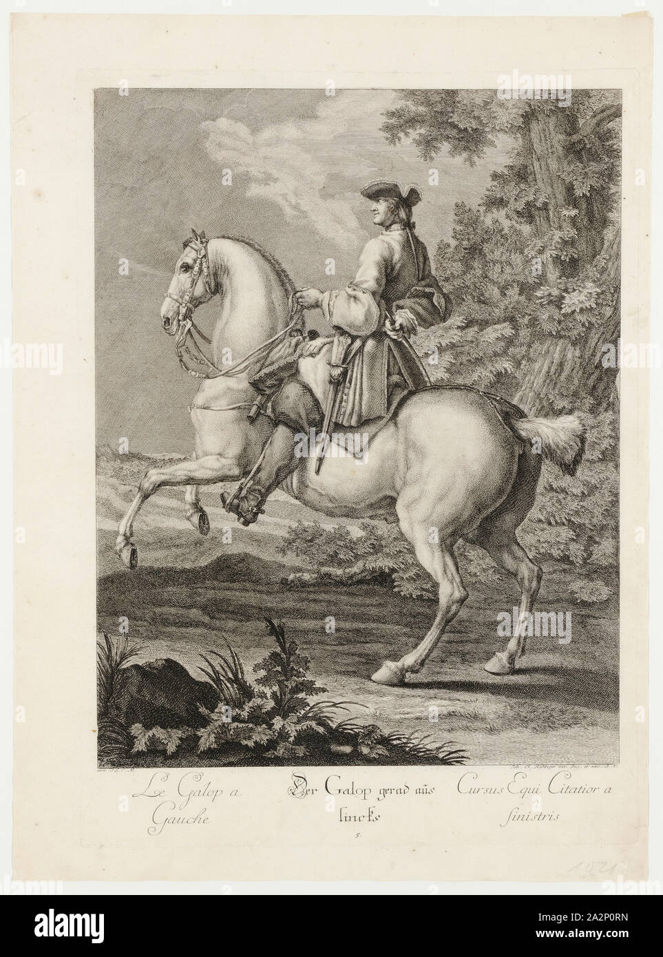 The gallop straight left, 1734, etching, sheet: 60.1 x 43.6 cm |, Plate: 54.5 x 39.3 cm, U.l., below the illustration: avec P.S.C.M ., et al .: J. E. Ridinger inv. des. et excud., Aug. Vind., Johann Elias Ridinger, Ulm 1698–1767 Augsburg Stock Photo