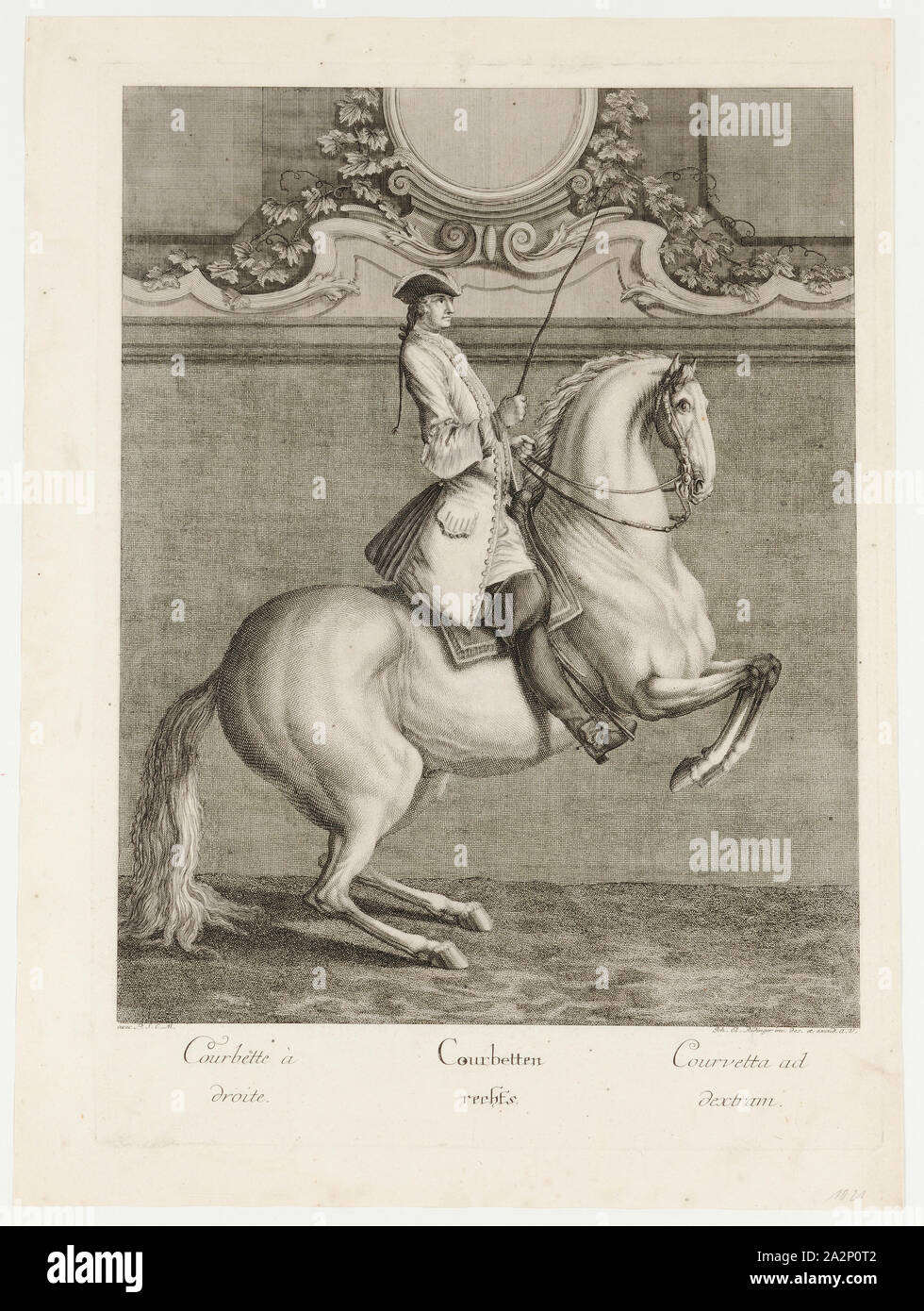Courbett right, 1734, etching, sheet: 59.7 x 44 cm |, Plate: 54.5 x 39.3 cm, U.l., below the illustration: avec P.S.C.M ., u.r .: Joh. El., Ridinger inv. Des. Et excxud., A. V., Johann Elias Ridinger, Ulm 1698–1767 Augsburg Stock Photo