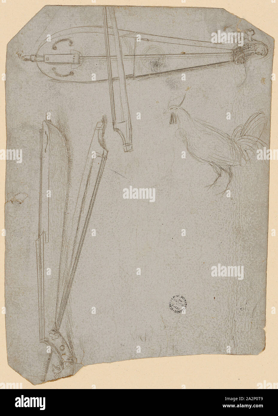 Sketch sheet with two stringed instruments and a rooster, silver pen, on white primed paper, Sheet: 13.1, 15.6 x 10.9 cm, Not specified, Hans Holbein d. Ä., Augsburg um 1460/65–1524 Stock Photo