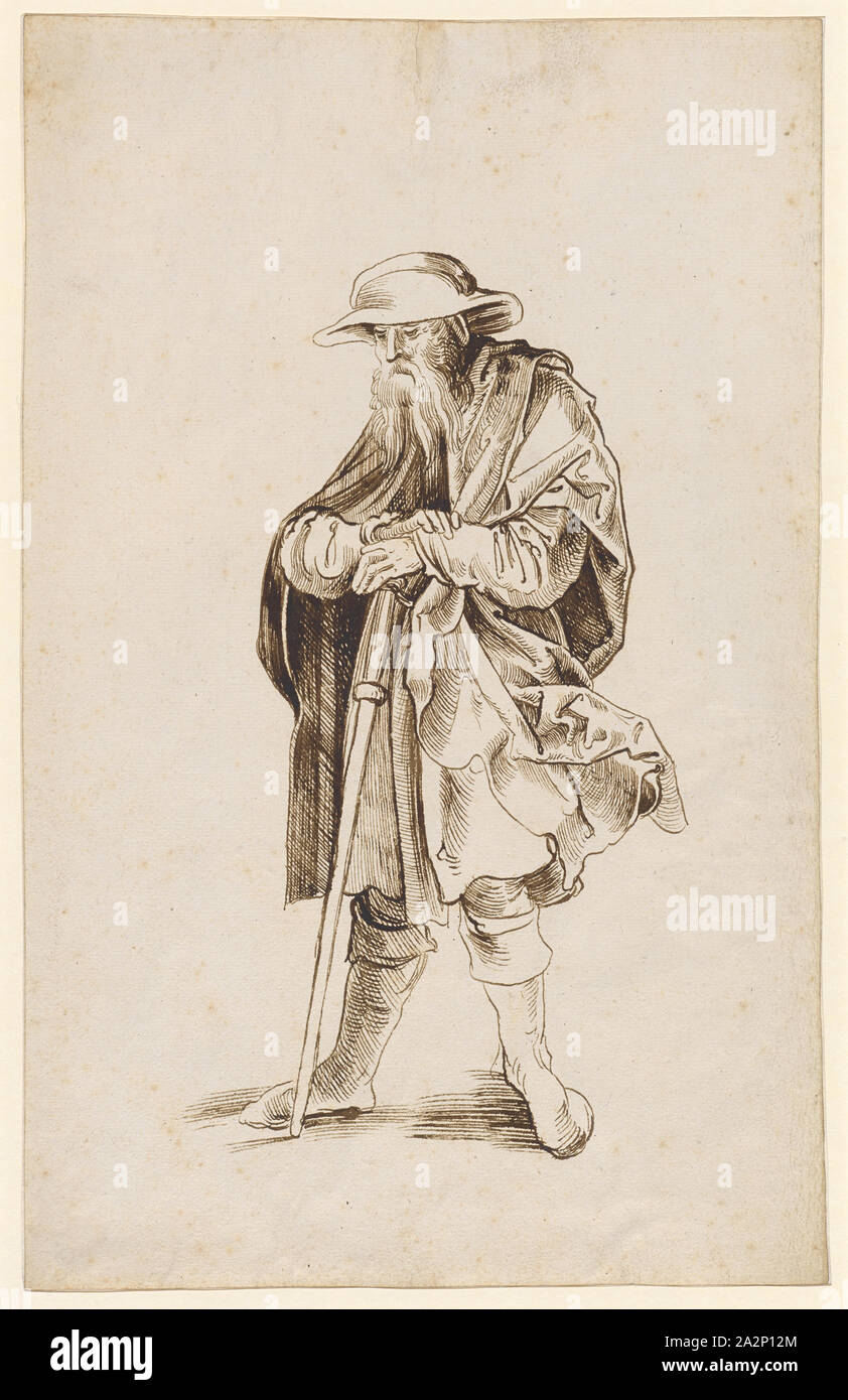 Standing bearded bearer in pilgrim's clothing, 1st half of the 16th century, feather in brown, sheet: 30.8 x 19.4 cm, unmarked, Anonym, Oberrhein (sog. Pseudo-Leu Stock Photo
