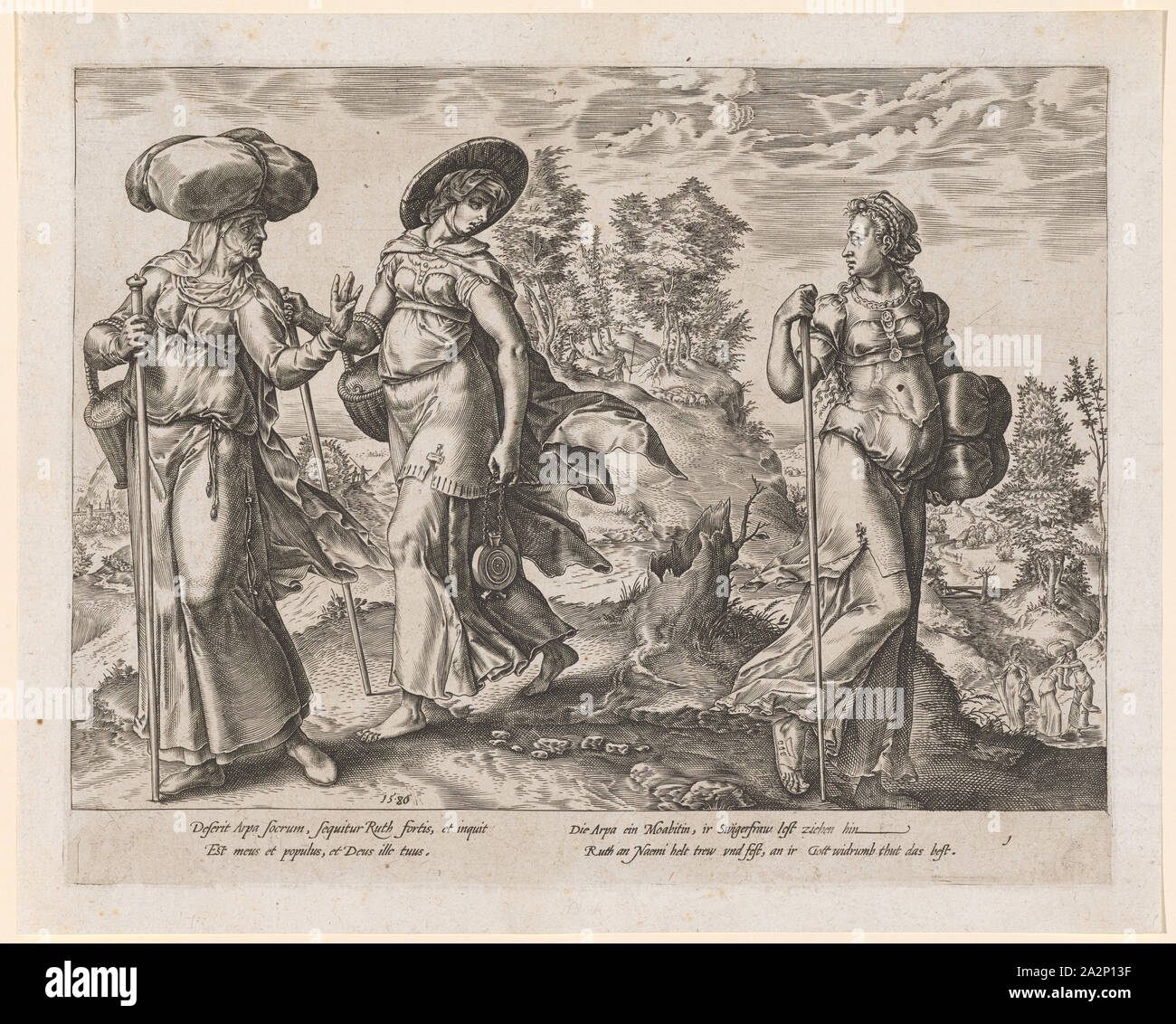Orpas Separation of Noomi and Ruth, 1580, copperplate, plate: 21.9 x 27.8 cm |, Leaf: 24.7 x 30.6 cm, U.M. l., dated: 15.80, Deserit Arpa socrum, sequitur Ruth fortis, et inquit, Est meus et populus, et Deus illu tuus., The Arpa a Moabitin, ir swigerfraw lend, Ruth Naemi trew and cling to ir god widrumb does the best, u, ., r., numbered: 1, Hendrick Goltzius, Mühlbrecht 1558–1617 Haarlem Stock Photo