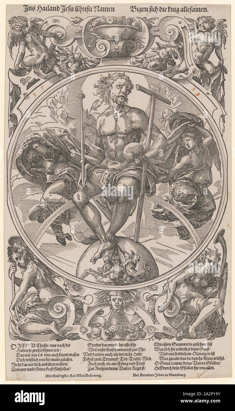 Christ as Judge of the World, c. 1580, woodcut, picture: 31.6 x 21.5 cm |, Leaf: 36.6 x 22.1 cm, O. l., inscribed: In Hailand Jesus Christ's name, o. r .: Do the little ones take their names ., under the picture: O Jesus Christ, only after you, we have so much to crave, that we scarcely masen from lid vns, lend to you comforting vns., Not that we make you wave, Dan who wolt Gotes force?, Special, therefore, the vns is very fervent, because our Flaisch takes the name of Ehr:, And darinn also, as the right hero, leading to triumph, death, devil, world., Even as a king and prince, At the right Stock Photo