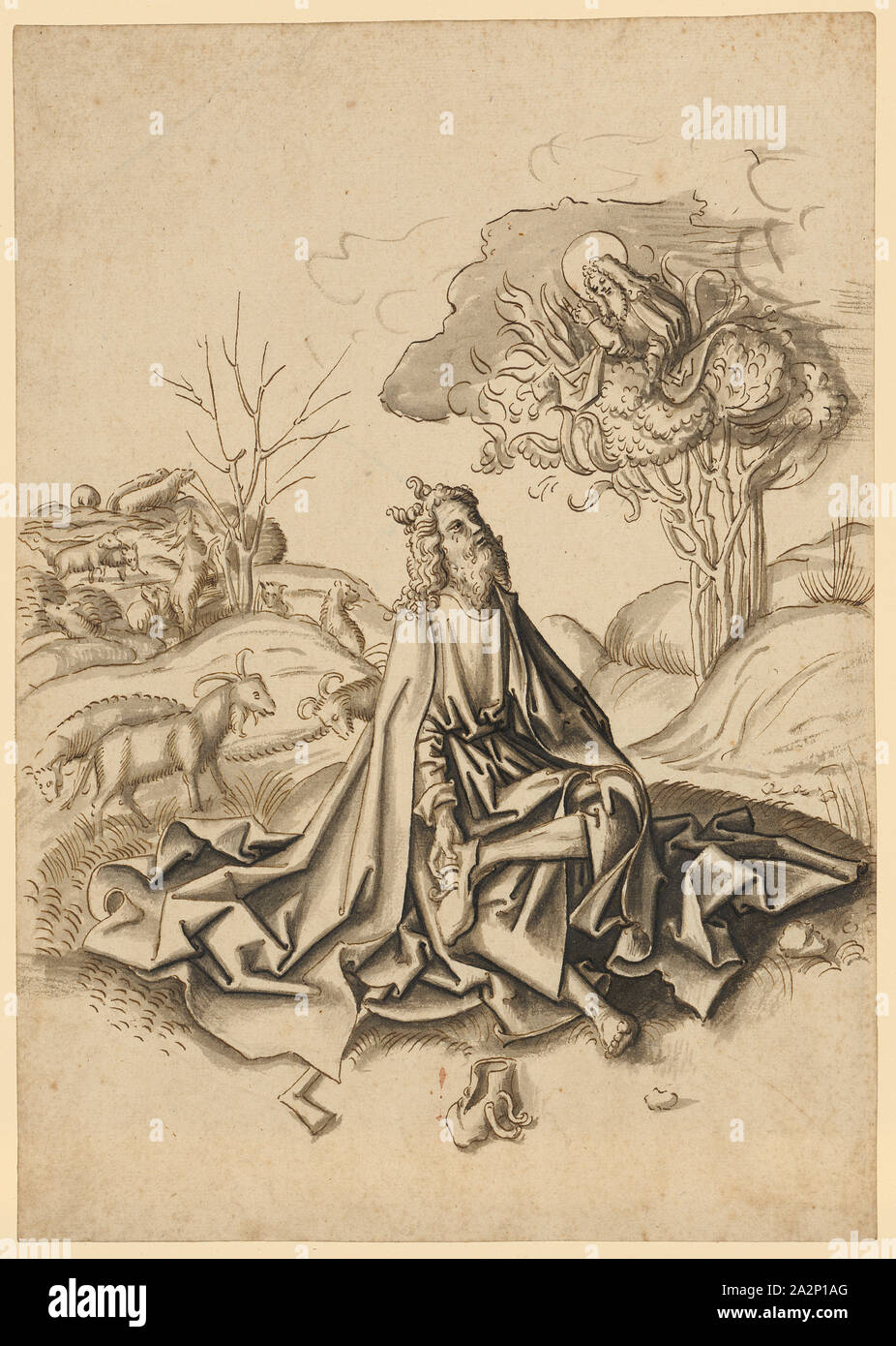 Moses at the Burning Bush, around 1500, feather in brown, greyish brown washed, page: 29.3 x 21 cm, unsigned, Hans Holbein d. Ä., (Werkstatt / workshop), Augsburg um 1460/65–1524 Stock Photo