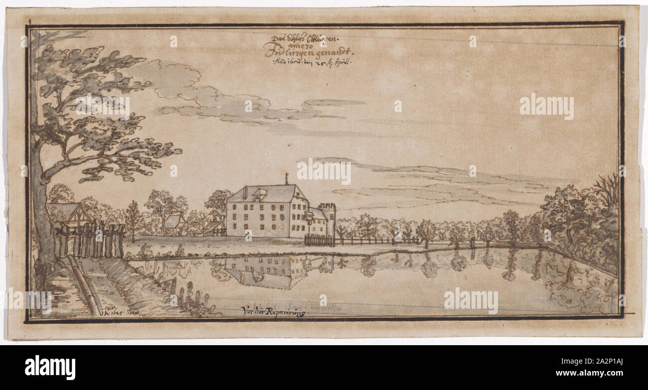 View of the moated castle Öttlingen, also called Friedlingen, 1649, feather in brown, light blue watercolored, leaf: 15.7 x 29.9 cm, O. M. with pen in brown inscribed: the castle Ottlingen., anjezo [?], Fridlingen, including pen in black: Ano 1650. the 25th Aprill ., u, ., l, ., monogrammed and dated in black with pen: J. JA., [YES]. 1649 Maio, u, ., M. marked with pen in black: Before the repair ., including monogrammed and dated in gray with feather [faded]: J A 1648. in Maijo, Johann Jakob Arhardt, Durlach 1613–1674 Strassburg Stock Photo