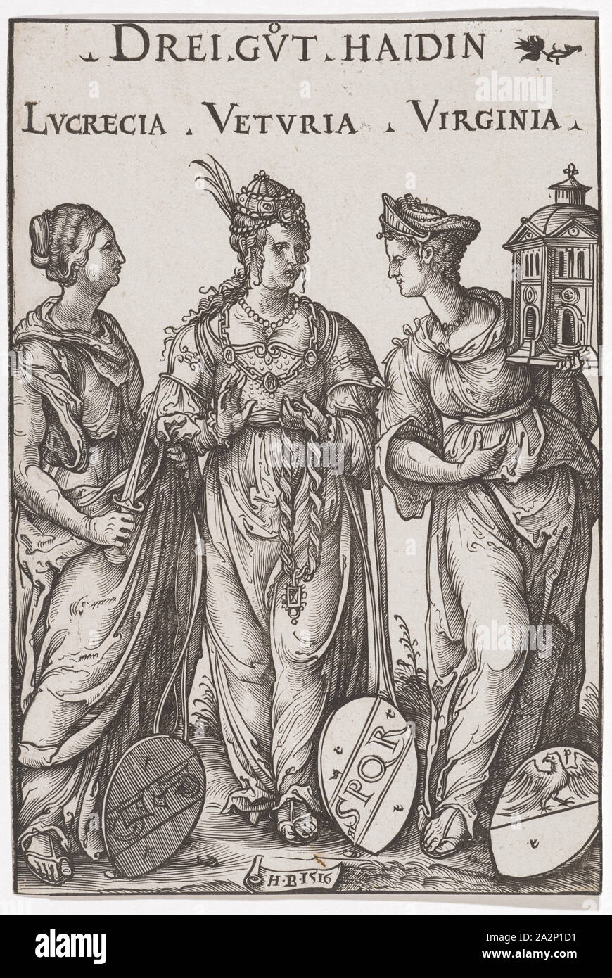 The Three Good Haidesses, 1516, woodcut, folio: 19.5 x 13.2 cm, O. M. inscribed: THREE GVT HAIDIN, LVCRETIA VETVRIA VIRGINIA, u, ., M. monogrammed and dated: H.B.1516, Hans Burgkmair d. Ä., Augsburg 1473–1531 Augsburg Stock Photo
