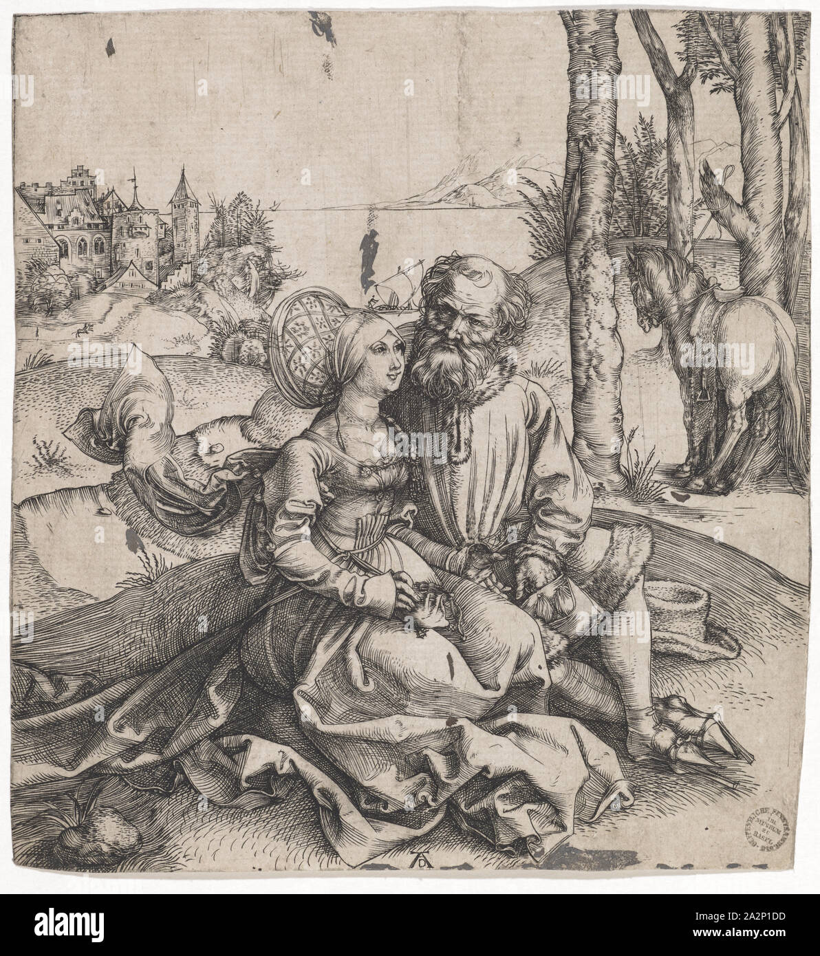 The Unequal Pair (The Love Request), c. 1495, copperplate engraving, sheet: 14.8 x 13.5 cm, U. M. monogrammed: AD, Albrecht Dürer, Nürnberg 1471–1528 Nürnberg Stock Photo