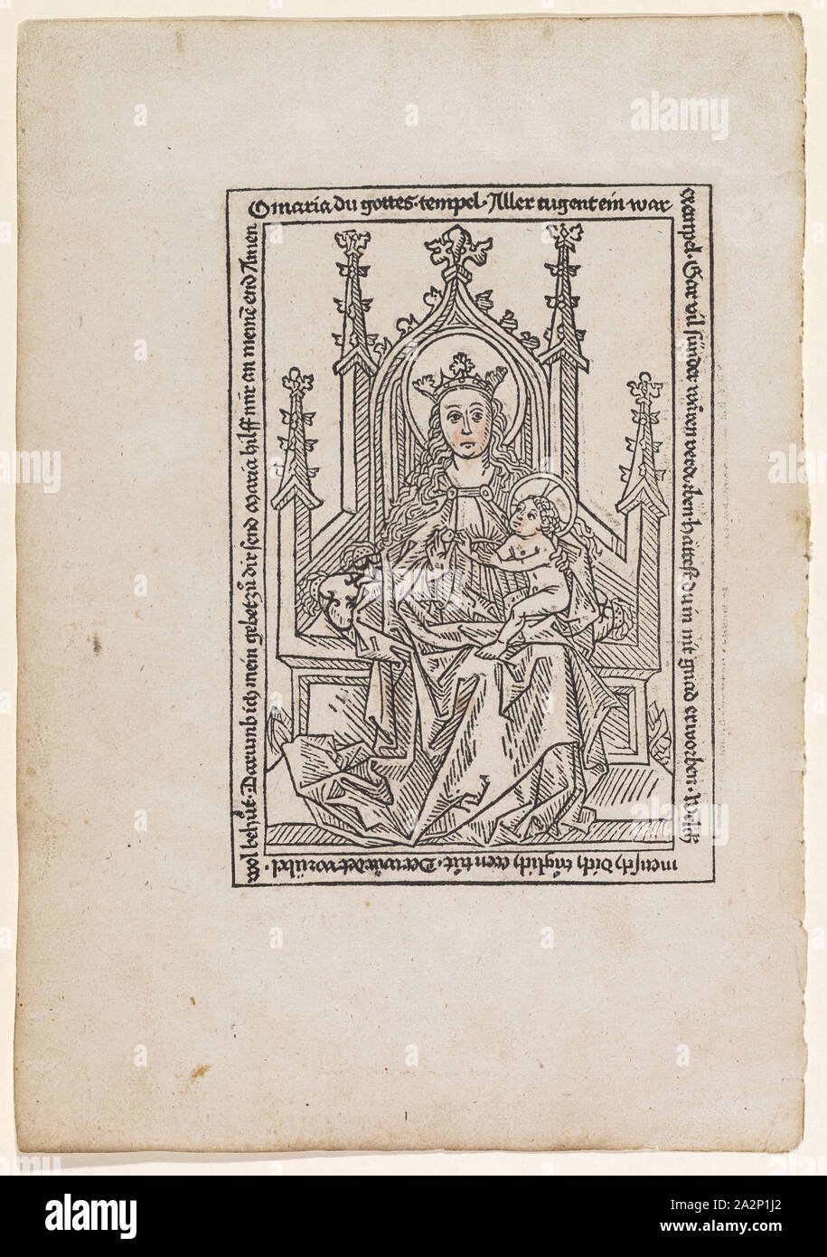 Enthroned Virgin Mary with Child, 2nd half of the 15th century, woodcut, partially colored, page: 30.5 x 21.4 cm |, Picture: 18.8 x 13 cm, inscribed: O maria du gottes., temple., All tugent a, was., Gar vil sinners would be spoiled., would you have bought in nit gnad., Which one does you do?, He would guard against evil., Darumb I send my prayer to you Maria help me to my end Amen, Anonym, Süddeutschland (Augsburg), 2. Hälfte 15. Jh Stock Photo