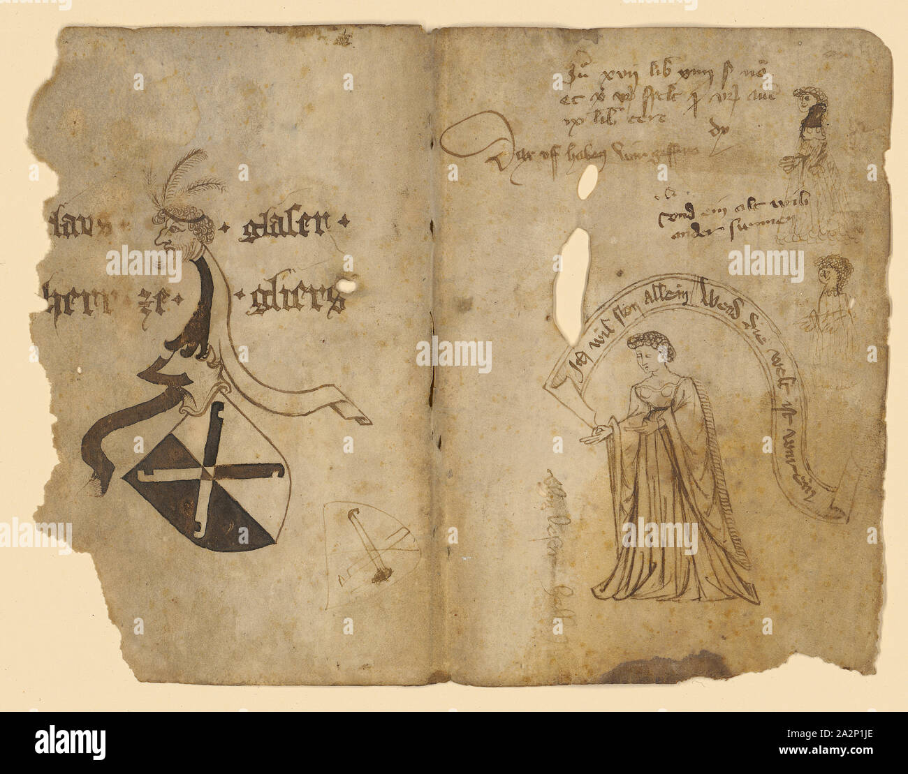 Double sheet with sketches: on the left half a coat of arms, on the right half standing woman with banner, two small figure sketches, middle of 15th cent., feather in brown, on parchment, sheet: 16.2 x 20.7 cm, inscribed with coat of arms: claus., glazier., Sir ., ze., Gliers, r., in the banner: I want ston alone, Wend the world is clean, about it: and an old woman at the sunnen [and other billing notes], Anonym, Schweiz, Mitte 15. Jh Stock Photo