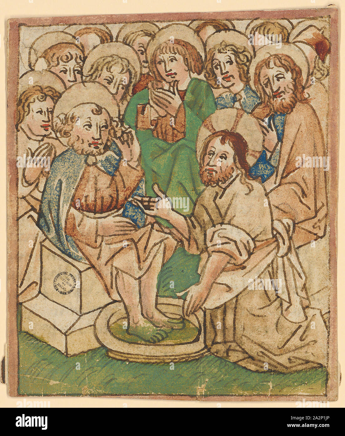 Christ washes Peter's feet, last quarter of the 15th century, feather in brown, green, blue and brown colored, light red border, verso: feather in brown, leaf: 12.5, 13 x 11 cm, verso text fragment with feather in brown, Anonym, Oberrhein (Basel?), letztes Viertel 15. Jh Stock Photo