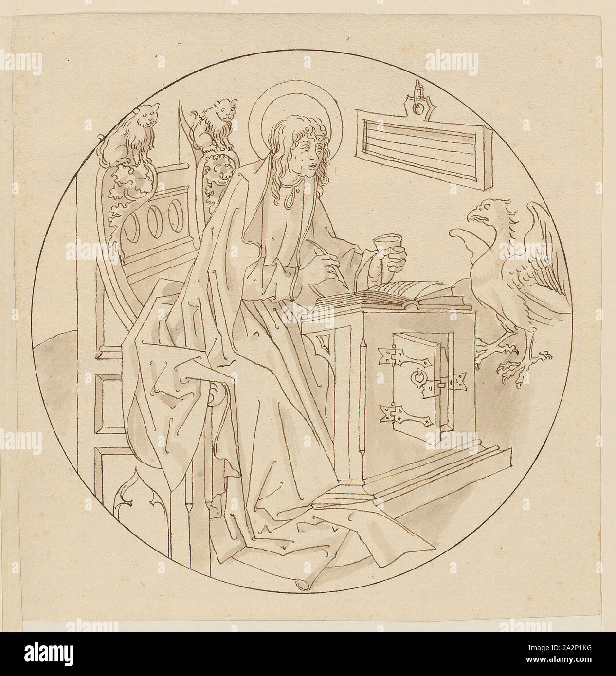 The Evangelist Johannes, beginning of the 16th century, feather in brown, light gray-brown washed, page: 19 x 18.2 cm |, Picture: 17 cm (diameter), not marked, Anonym, Oberrhein (Basel), Anfang 16. Jh Stock Photo