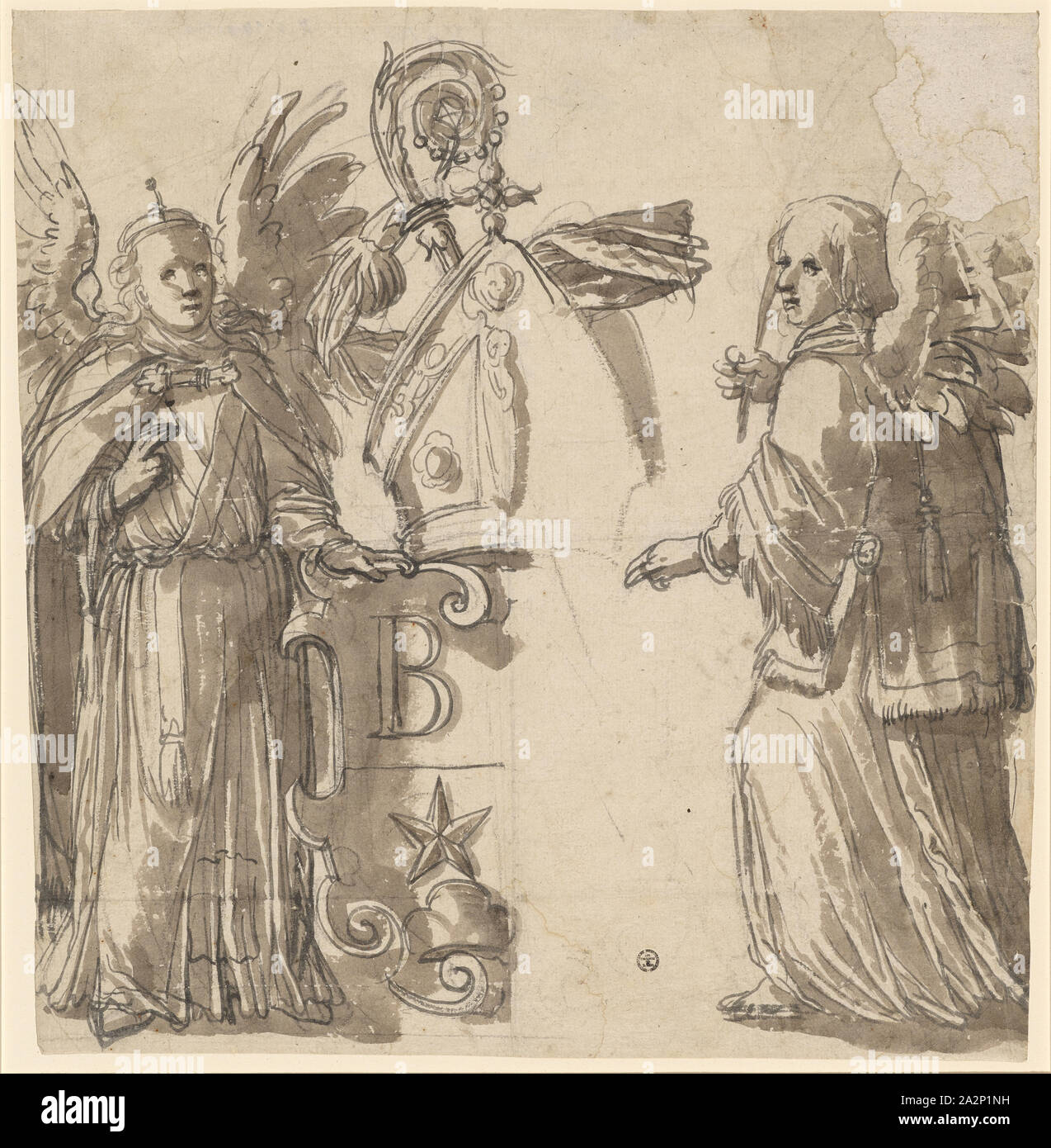 Two angels as a shield holder and the coat of arms of the abbot Simon Feunat of Bellelay, c. 1576, brush in dark gray, washed brown, remains of a preliminary drawing with a black pencil, sheet: 35.5 x 33 cm, unmarked, Hans Brand, (?), Basel 1552–1577/78 (?) Basel Stock Photo