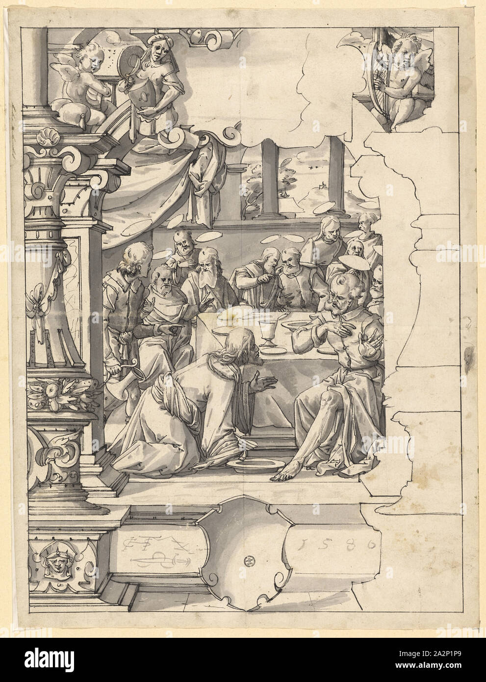 Disc tear with Christ, who washes the feet of the disciples, below empty heraldic shield, 1580, feather in black, gray washed, remains of a sketch with black pencil, on the left, r., and u., Edge rimmed, sheet: 40.6 x 30.5 cm |, Image: 38.3 x 28.6 cm, U. in the cartouche with brush in gray monogrammed and dated: CHSTMZ [lig., with swiss dagger] 1580, Christoph Murer, Zürich 1558–1614 Winterthur Stock Photo