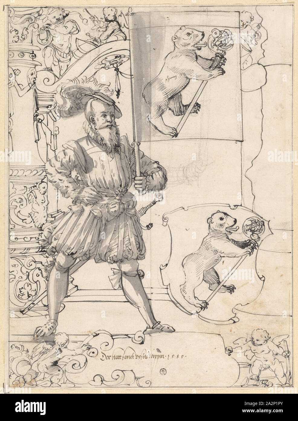 Broken glass with banner owner and coat of arms St. Ursanne (Ursitz), 1585, pen in black, some in gray, remains of a preliminary drawing with black pencil, sheet: 41 x 30.6 cm, U. inscribed in the cartouche with pen in brown and dated: Der, instead of sanct Ursitz Wappen .1585., Hans Jakob Plepp, Biel um 1557/60 – 1597/98 wohl in Bern Stock Photo