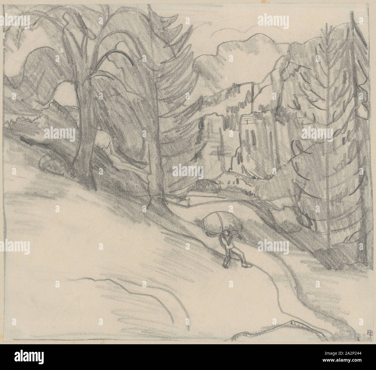 Woody mountain landscape with hunter, pencil, sheet: 25.7 x 28.4 cm, U. r., monogrammed with lead titan: HB [ligated], Hans Brühlmann, Amriswil/Thurgau 1878–1911 Stuttgart Stock Photo