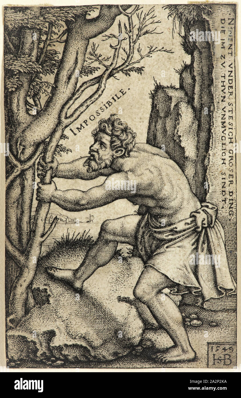 Hans Sebald Beham, German, 1500-1550, Impossibility, 1549, engraving printed in black ink on laid paper, Sheet (trimmed within plate mark): 3 1/4 × 2 inches (8.3 × 5.1 cm Stock Photo